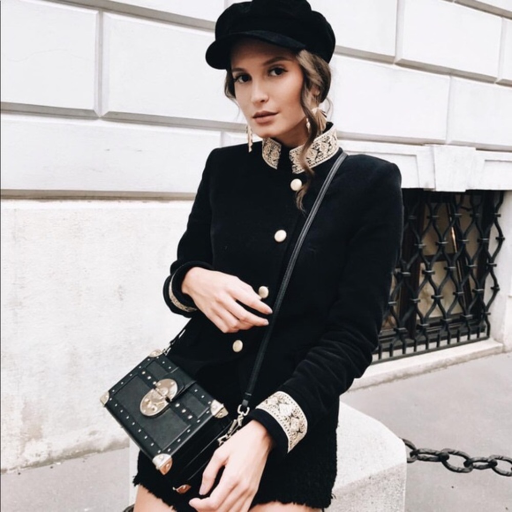 ZARA black velvet military style jacket